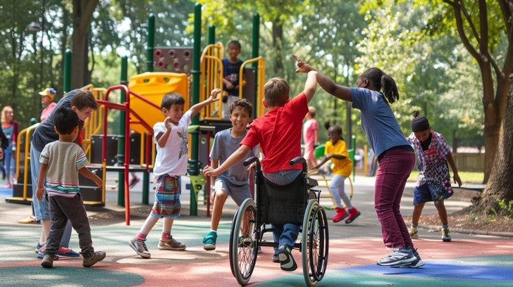 Diverse children playing together at an inclusive playground